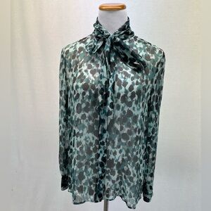 Burberry London Green & Black Animal Print Sheer Button Down Tie Neck Top Sz. 8